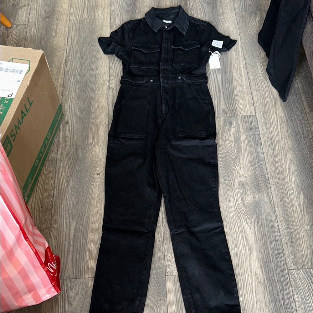 NWT Good American Fit For Success Black Denim Jumpsuit Flare Leg XL $199